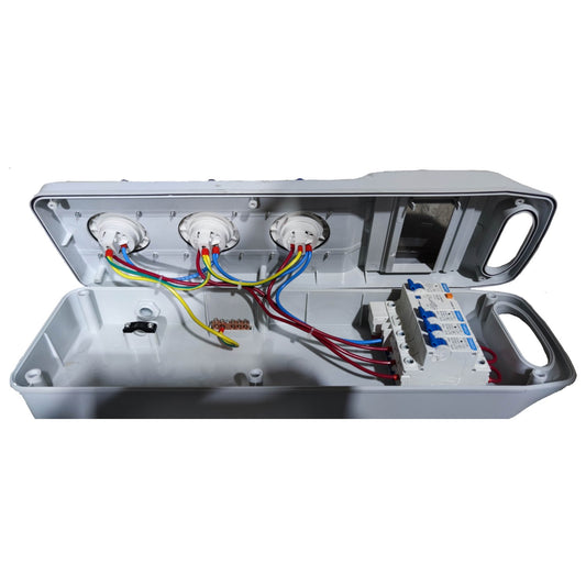 Electrical panel with wires and fuses on a white background Grippes Industrial Extension Outlet 3 x 16A 2P+E IP44 ( 3 Pins) 220V with Circuit Breaker Protection Device Electx Electrical Supply