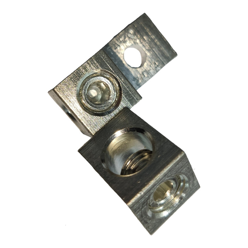 Two metallic square connectors with circular slots on a white background