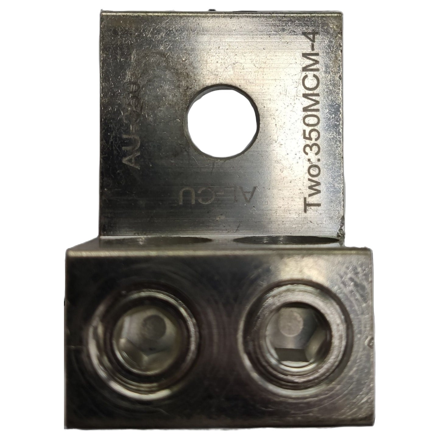 Metal electrical connector with threaded ports on a white background