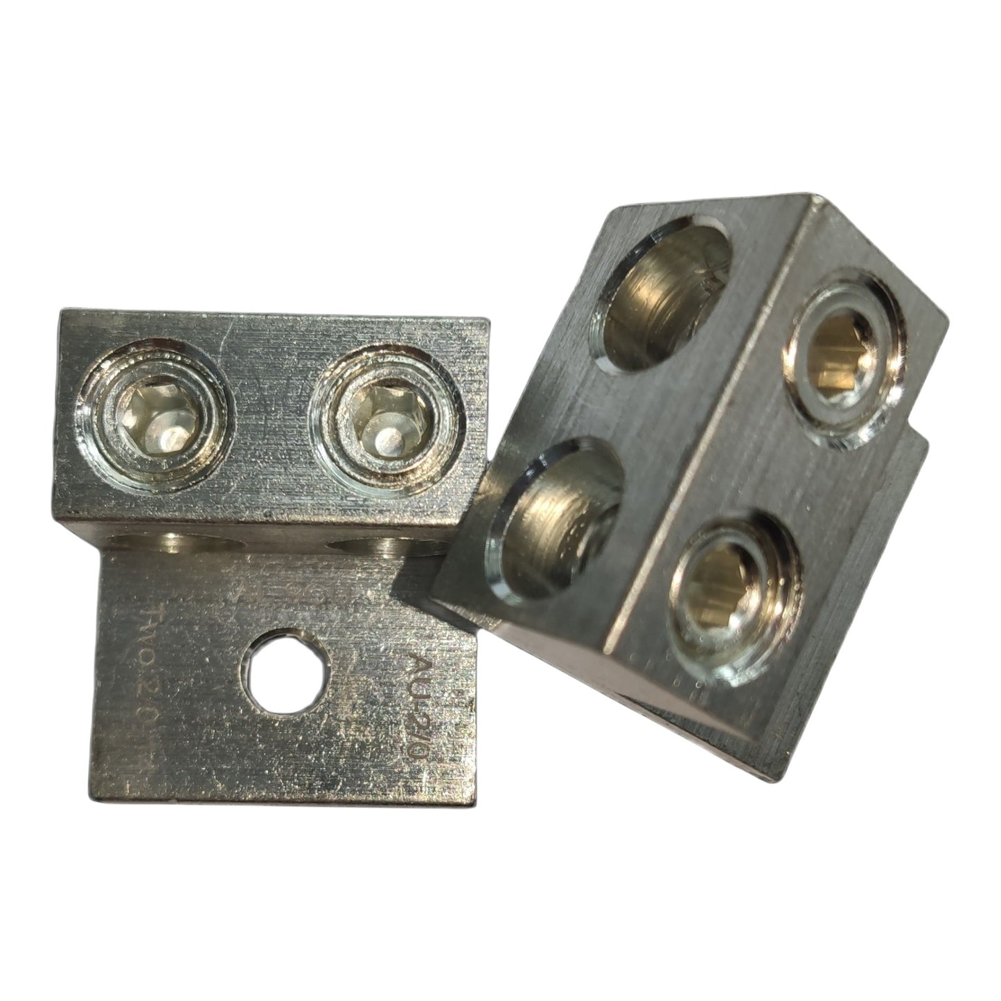 Metal brackets with multiple holes on a white background