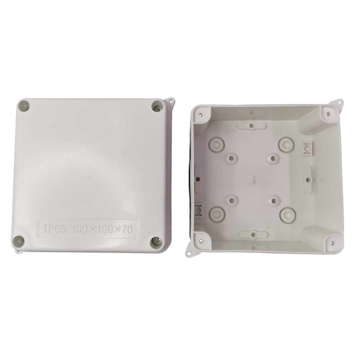 Two white plastic enclosures on a white background