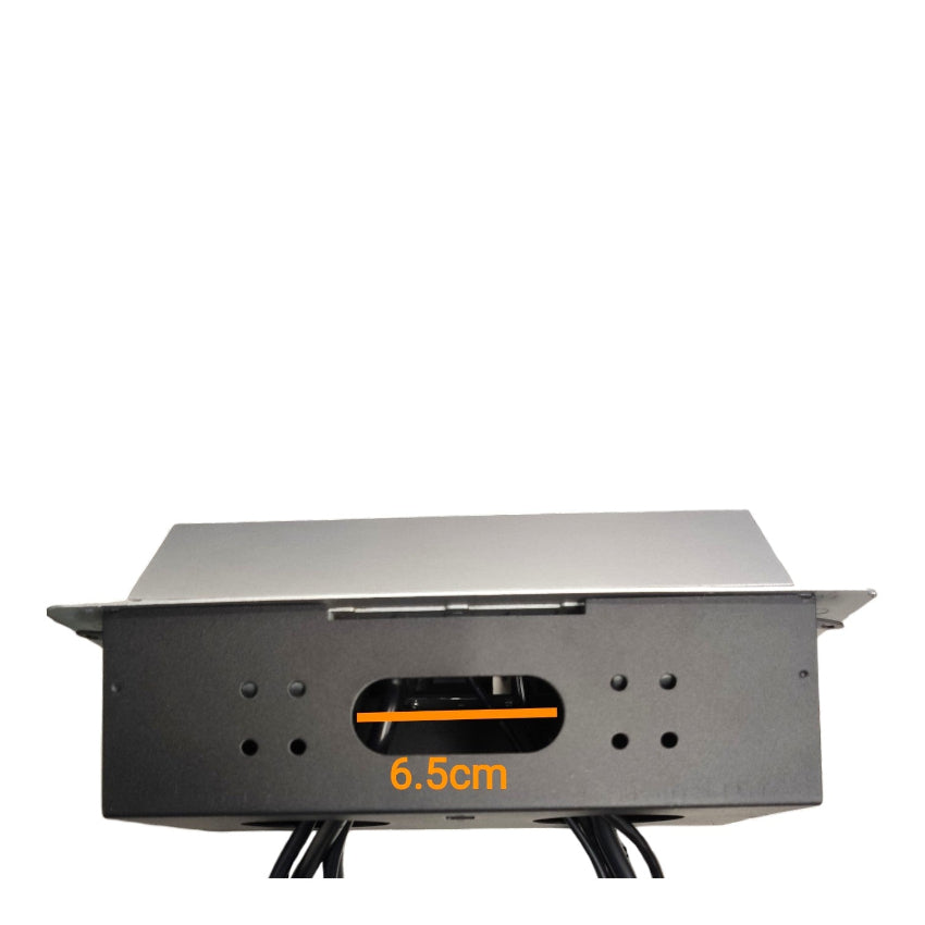 A dark gray rectangular metal device with a flat top and small feet, shown on a white background with an orange measurement overlay reading 6.5cm.