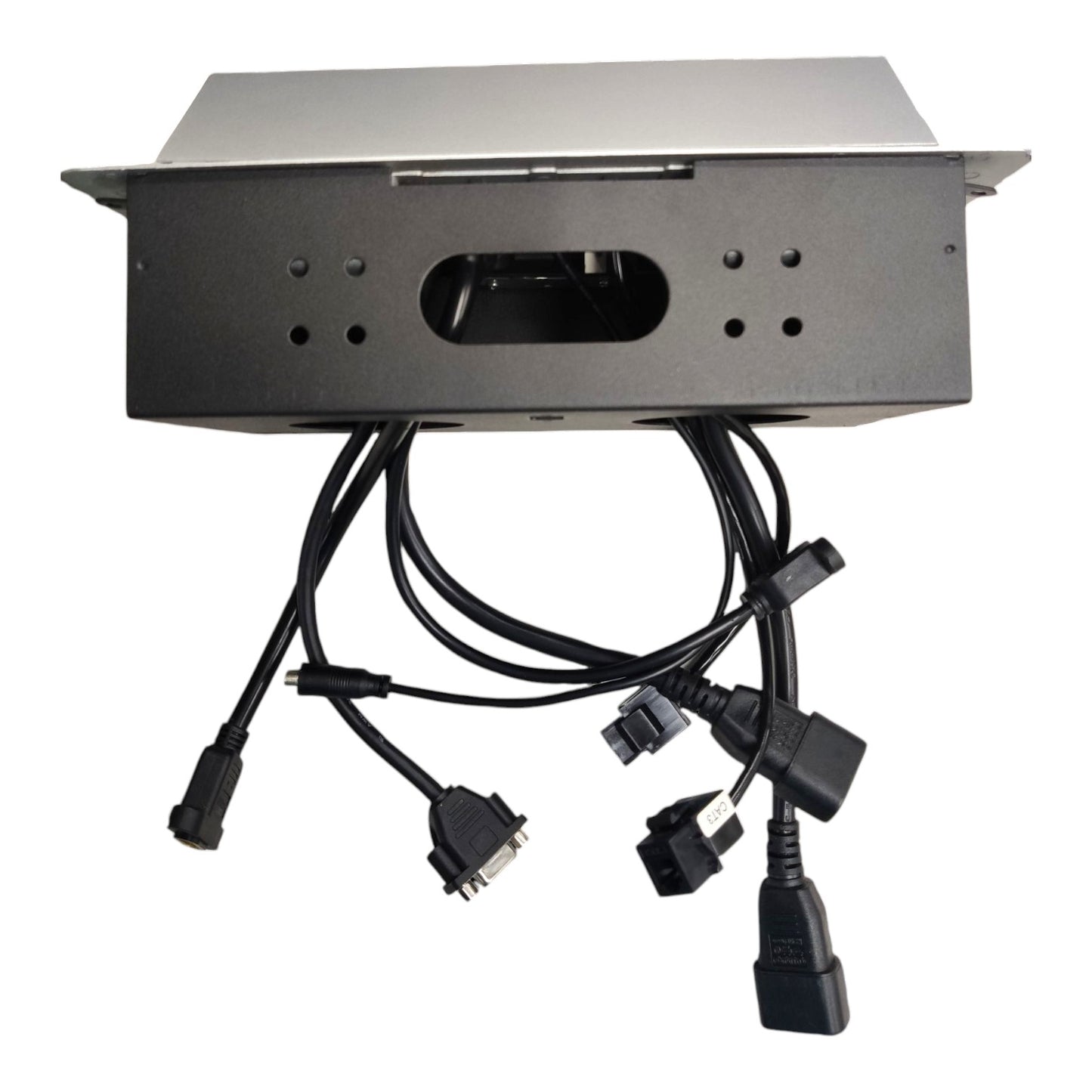 A black metal electronic control box with a silver top cover, shown from a side angle with several attached black cables and connectors on a plain white background.