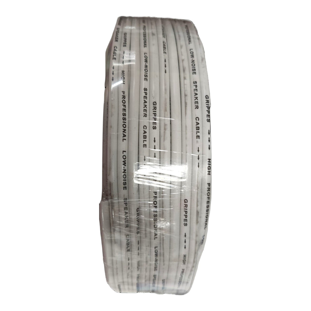 A tightly wound spool of professional low-noise speaker cable, wrapped in clear protective plastic. The cable has a white base with gray and black printed text indicating its specifications.