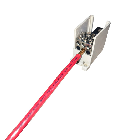 Electrical connector with red cable on a white background