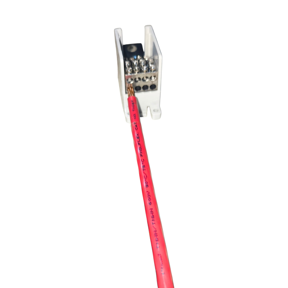 Electrical connector with red cable on a white background