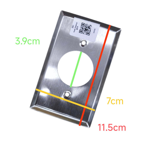 Metallic square with circular hole, measurements indicated, on a white background Grippes Twist Lock Outlet Metal Plate 39mm Hole 9221 Electx Electrical Supply