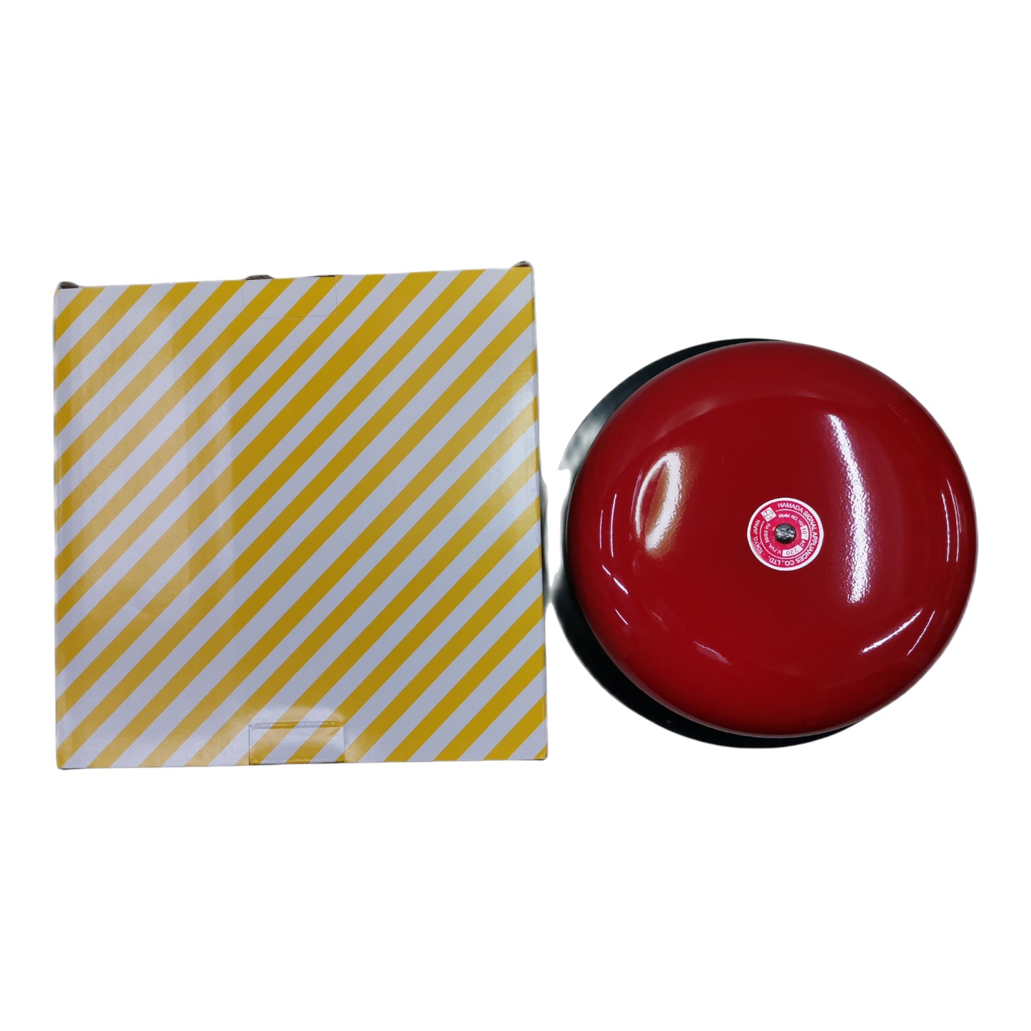 Red bell with a yellow and white striped box on a white background