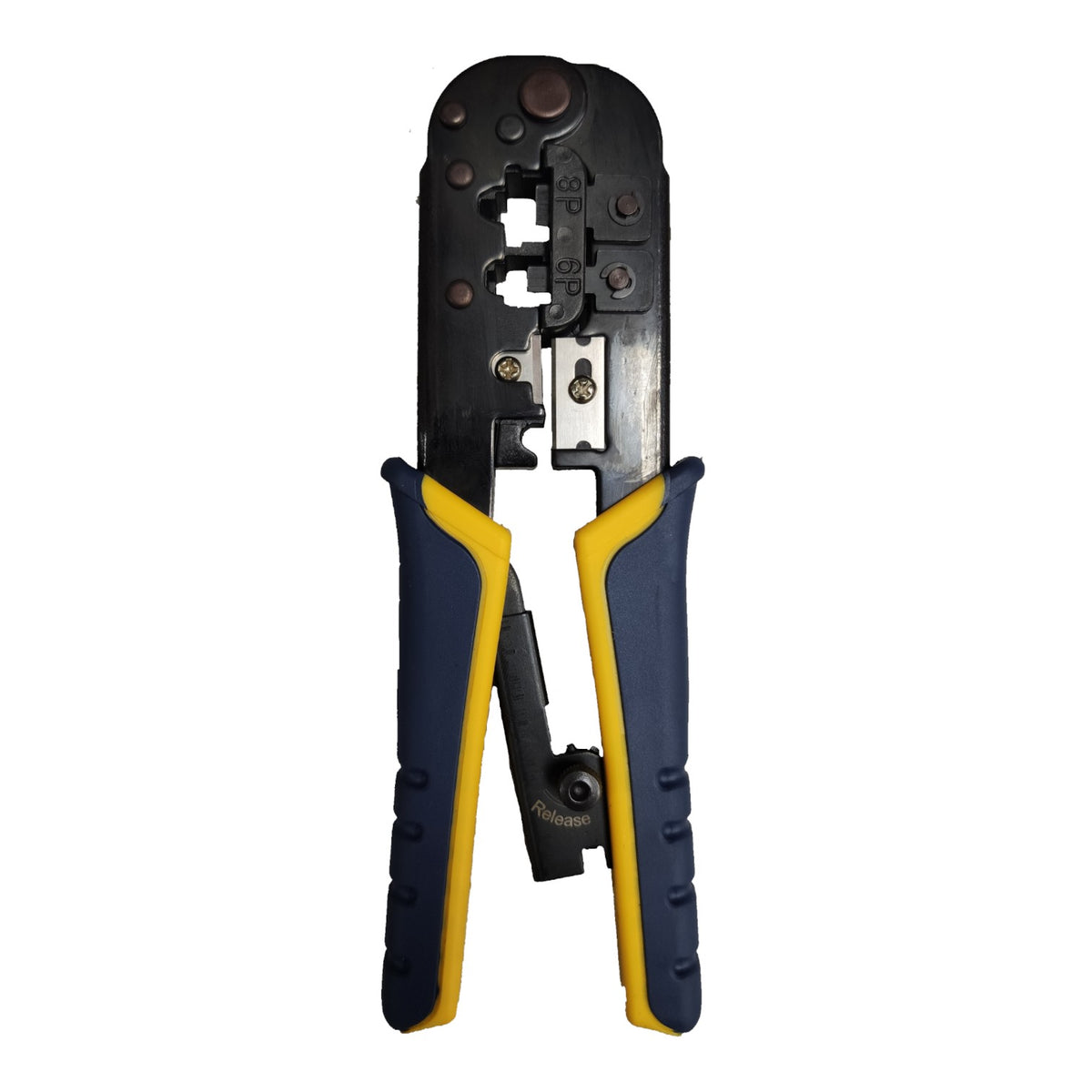 Crimping tool with yellow and black handles on a white background