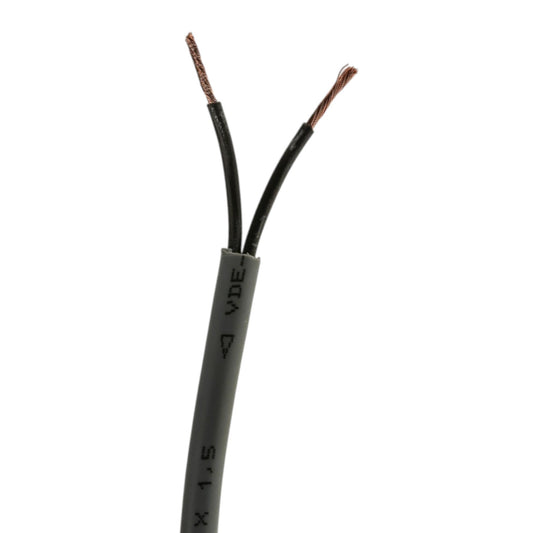 A close-up of a black two-core cable with the ends exposed, showing copper-colored wires inside, on a plain white background.