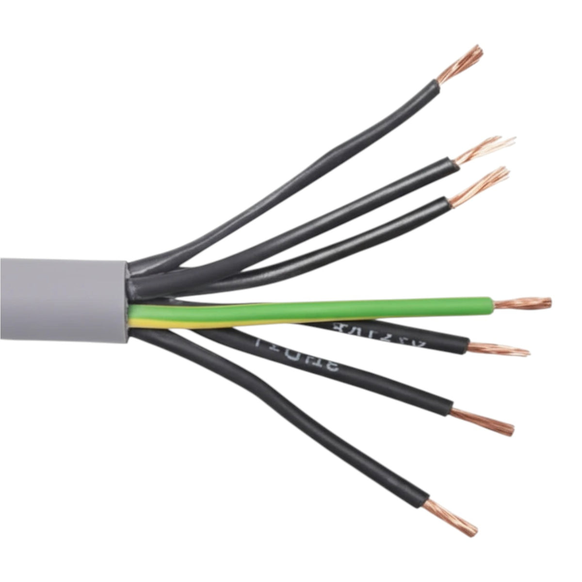 A close-up of a multi-core electrical cable showing the exposed inner wires. The cable has a gray outer jacket, with four black wires, one green wire, and one yellow wire, all with copper-colored exposed ends.