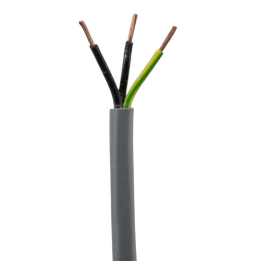 A three-core gray electrical cable with exposed copper wires in black, green, and bare copper insulation, shown against a plain white background.