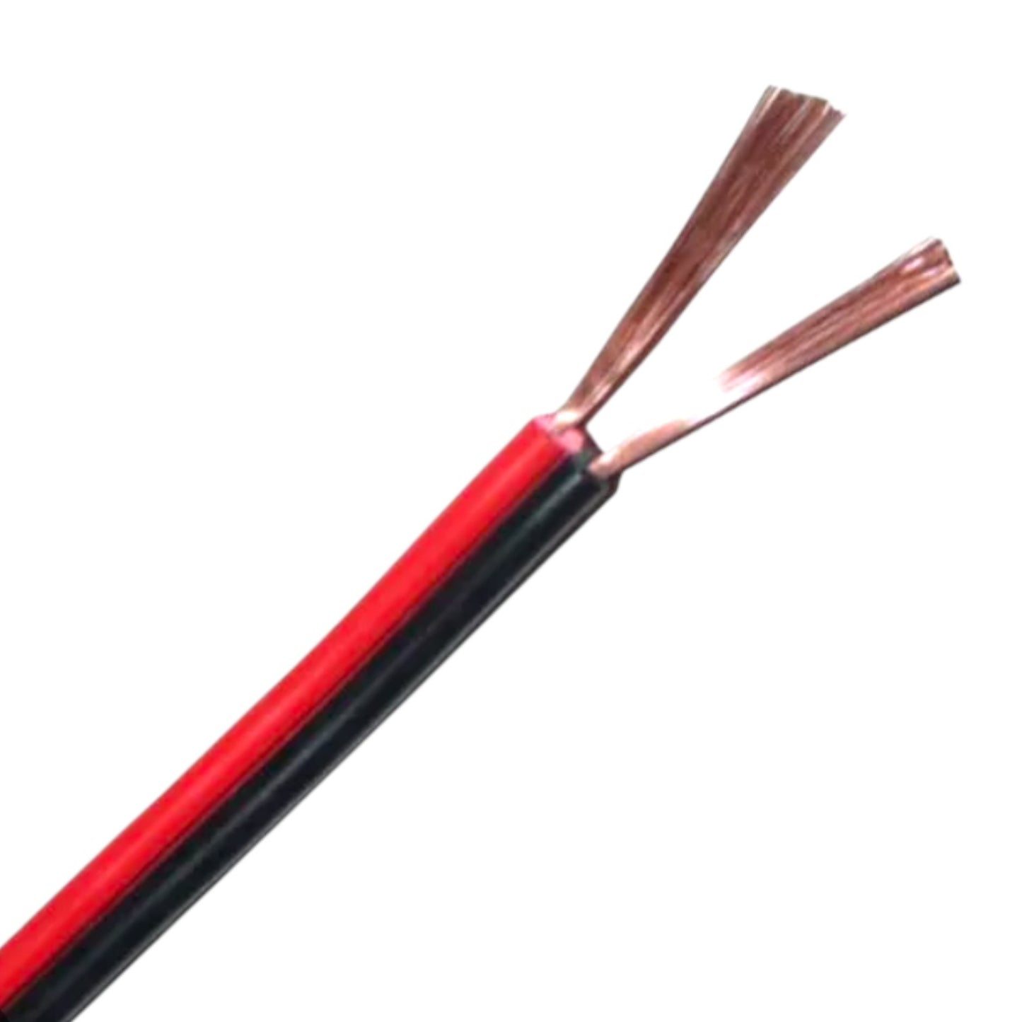 A close-up of a two-core electrical wire with red and black insulated strands and exposed copper-colored metal wires at the tip, shown on a plain white background.