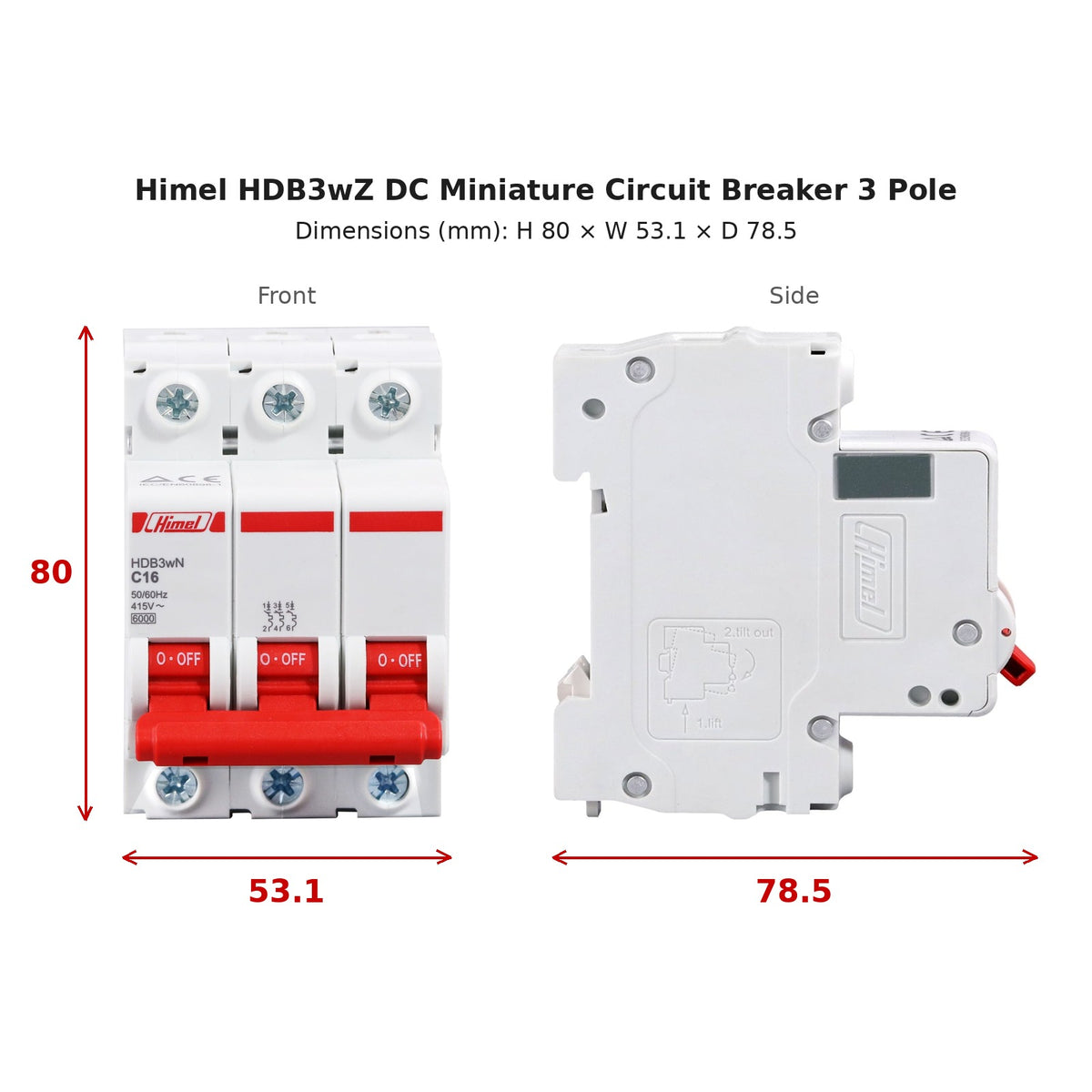 Himel 2A 3 Pole DC Miniature Circuit Breaker 6KAIC 500V DC HDB3WZ3C2 - dimensions H 80 x W 53.1 x D 78.5 mm