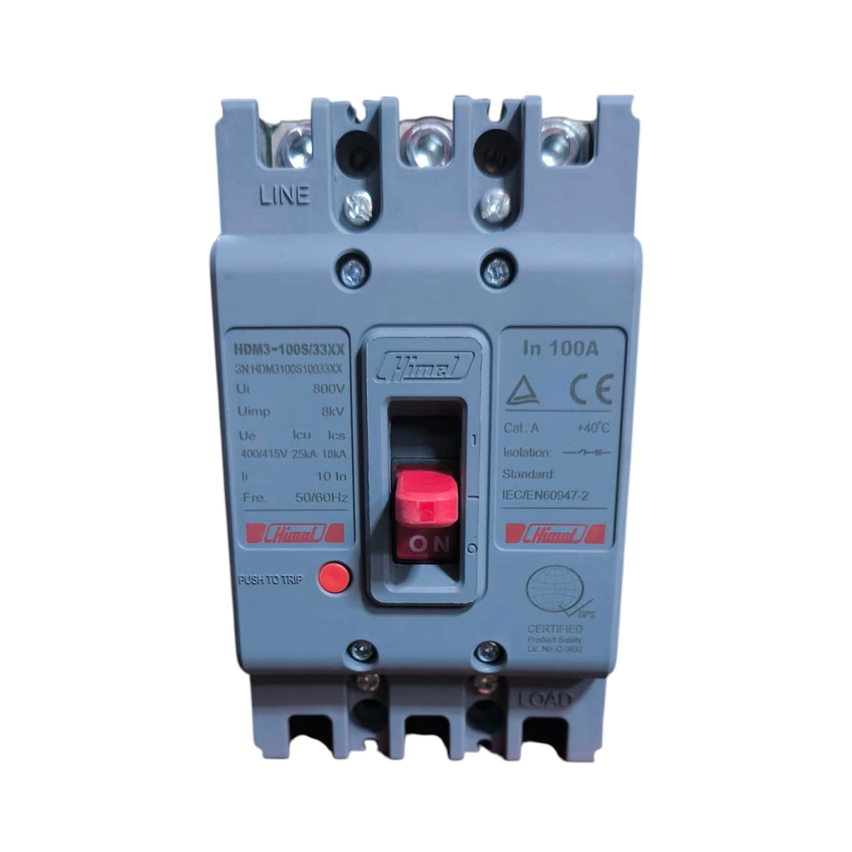 A gray electrical circuit breaker with a red switch handle and red brand accents, photographed against a plain white background.