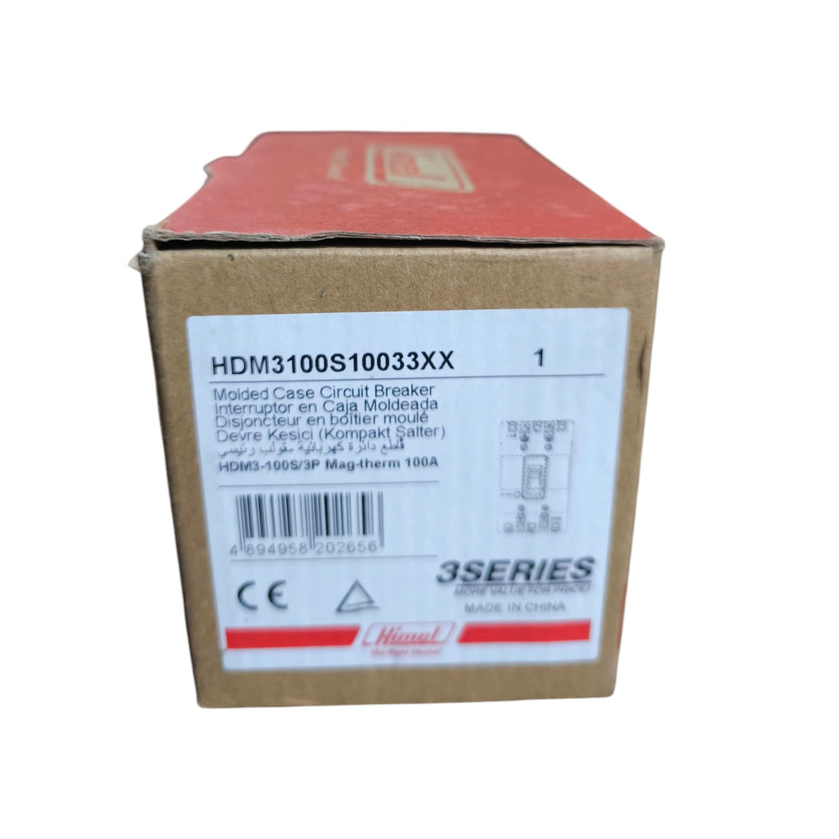 A cardboard box for a Devye Kesis (Kompakt) HDM3100S IP Magtherm 100A molded case circuit breaker, featuring a brown box with a red top flap and a white label.