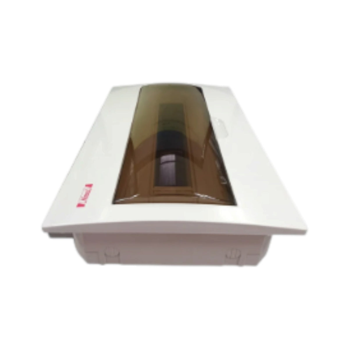 A white electrical distribution board cover with a translucent brown smoke-filled compartment and a small red logo on the side, isolated on a white background.