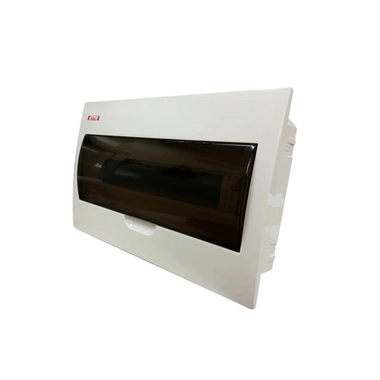 A white electrical distribution board cover with a dark brown translucent front panel, shown at an angle on a plain white background.