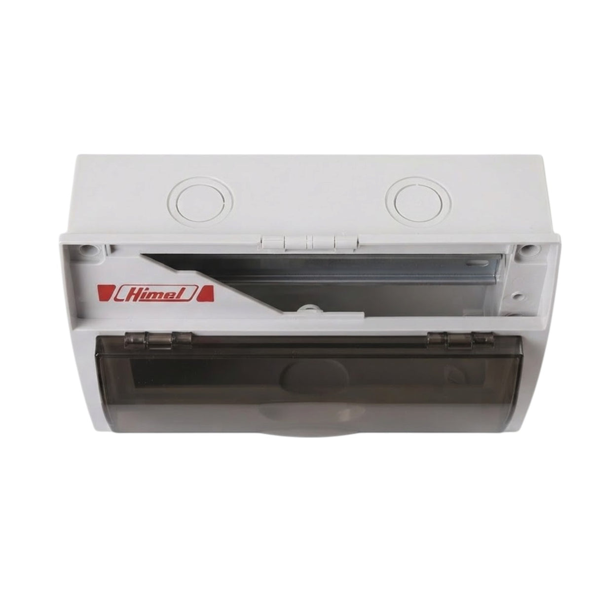 A white plastic electrical junction box with a translucent dark gray lower cover, featuring the red and white Himel logo on the front.