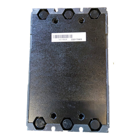 A heavy-duty black metal industrial component with pre-drilled mounting holes and a white barcode label on the front, shown against a plain white background.