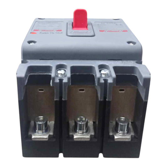 A three-pole electrical circuit breaker with a gray plastic top cover, a red switch handle, and three metal contact terminals visible at the bottom, shown on a plain white background.