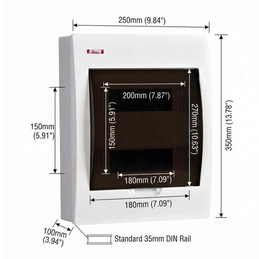 White DIN rail switchboard enclosure with a dark brown front panel, showing multiple dimension measurements and a small red logo near the top left. Black dimension lines and text annotate the product on a white background.