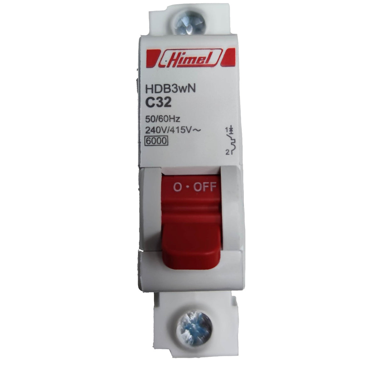 Circuit breaker with red toggle switch on a white background, branded 'Himel'.