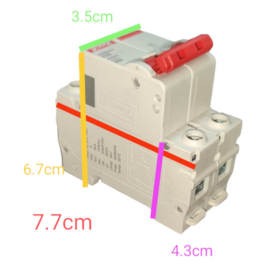 Electrical circuit breaker with measurements marked on a white background