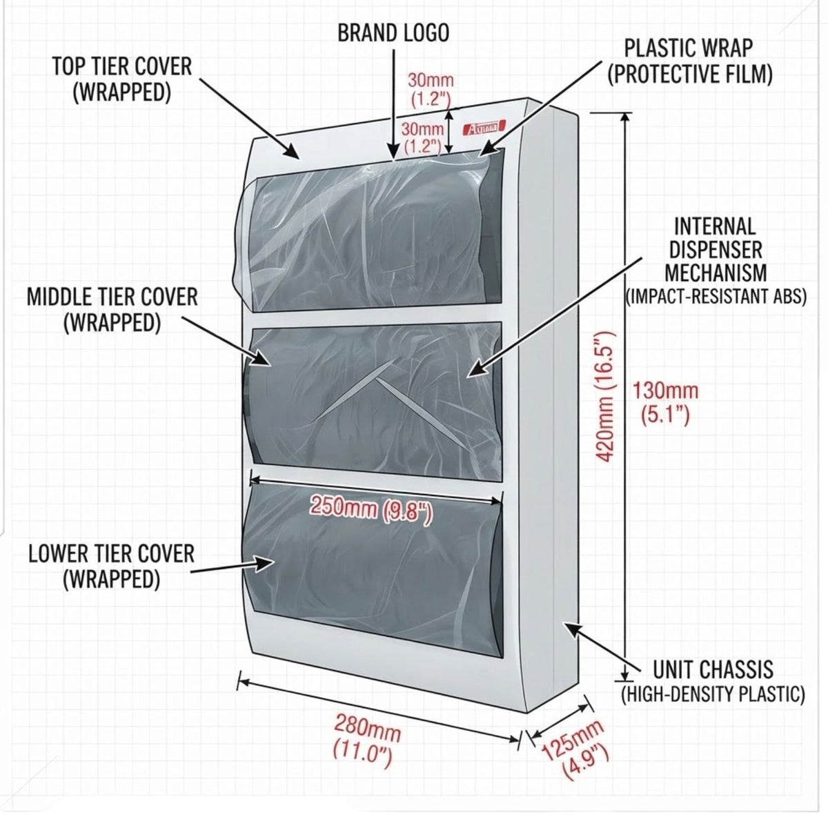 A labeled technical diagram of a three-tier carton dispenser with wrapped plastic covers, showing dimensions for the top, middle, and lower tiers plus measurements for the unit chassis and internal dispenser mechanism on a light grid background.