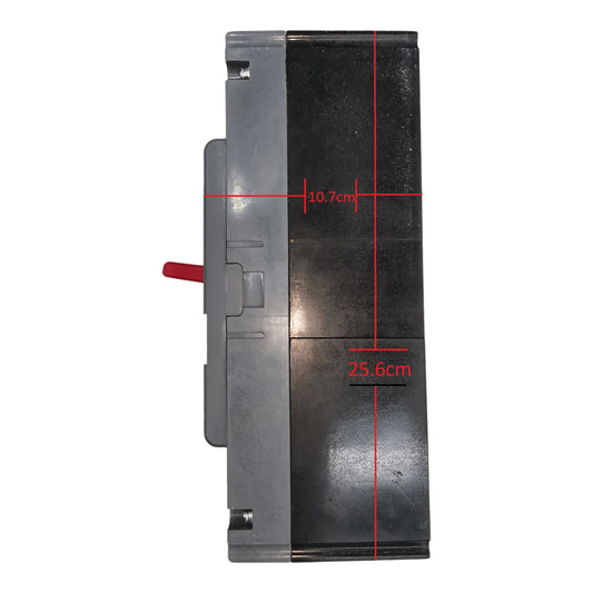 A gray and black rectangular plastic component with a small red protruding tab, shown on a white background with red dimension lines and measurements labeled 10.7cm and 25.