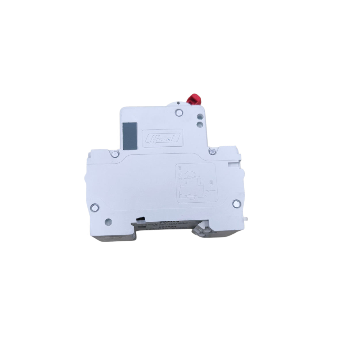 White electronic device with a red button on a white background