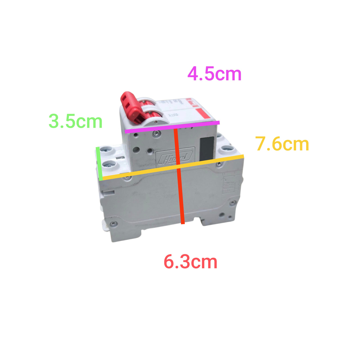 Electrical breaker with dimensions marked on a white background