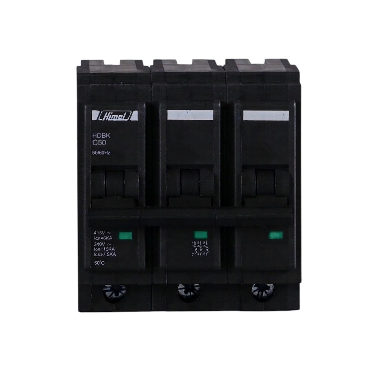 A black three-pole circuit breaker with three switch handles, featuring the HinoL brand logo and technical specifications on the front, set against a plain white background.