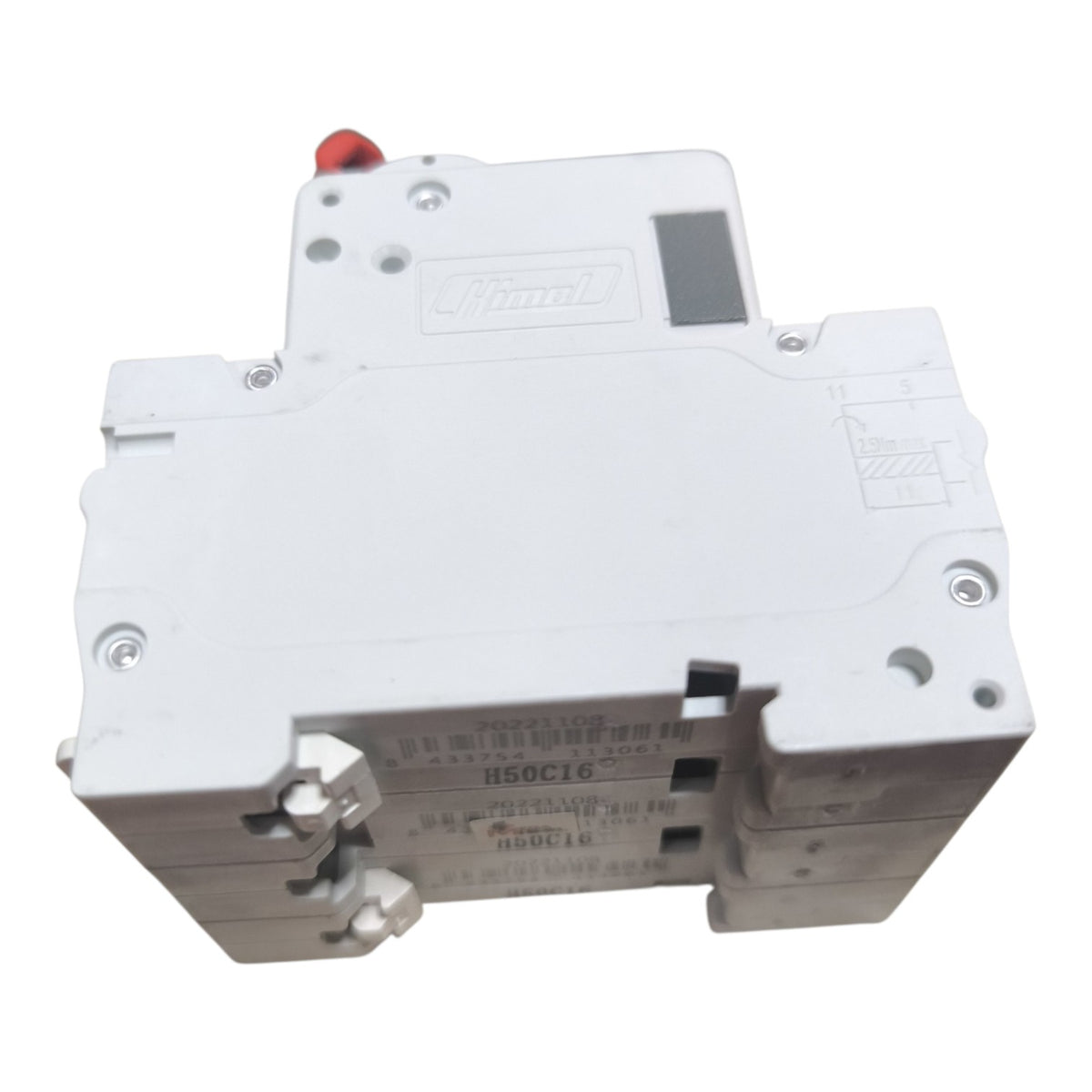 A white Schneider Electric circuit breaker module with a small red terminal and printed specifications on the side, isolated on a white background.
