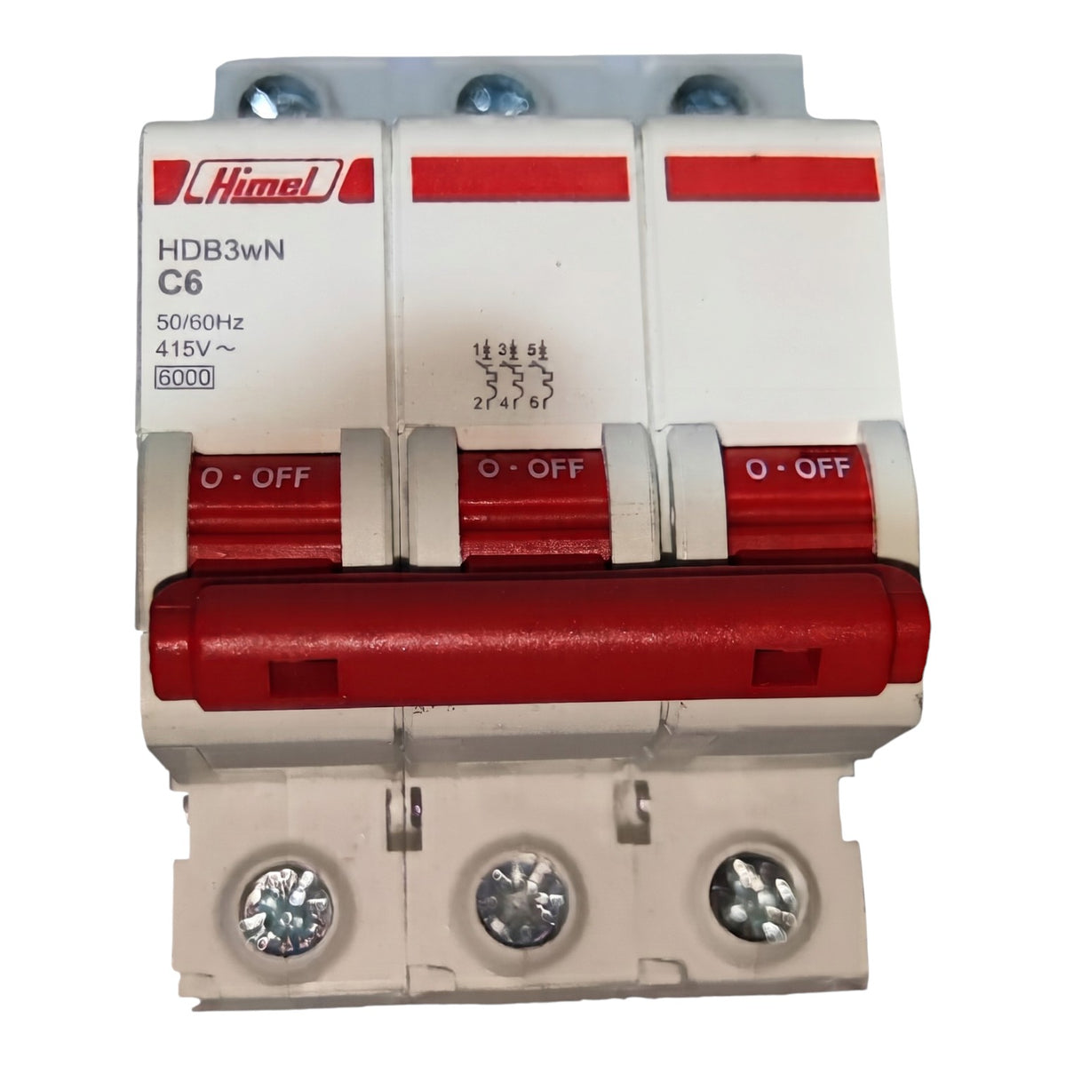 A three-pole circuit breaker with a white plastic housing and red switches, featuring the HimeJ brand logo on the left side.