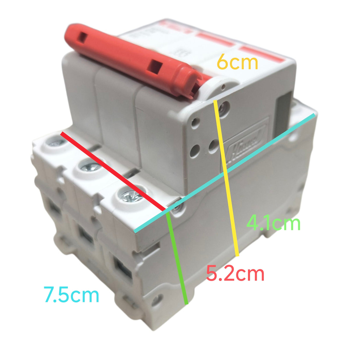 A small white electrical component with a red top handle, shown on a white background with colored measurement lines and text labels indicating dimensions in centimeters.