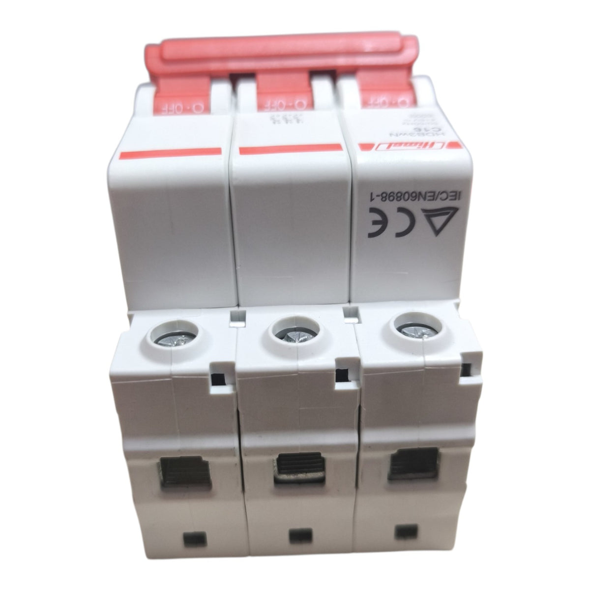 A three-way modular miniature circuit breaker (MCB) module with white plastic housings, red top handles, and black printed certification marks including CE and IEC on a plain white background.