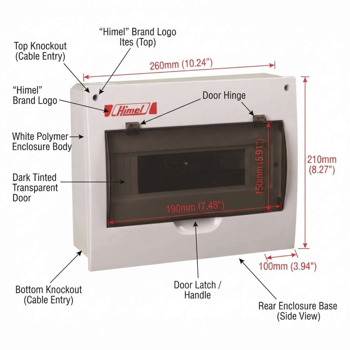 White HimeL brand electrical enclosure with dimension annotations showing measurements for top, bottom, side, and door dimensions on a white background.