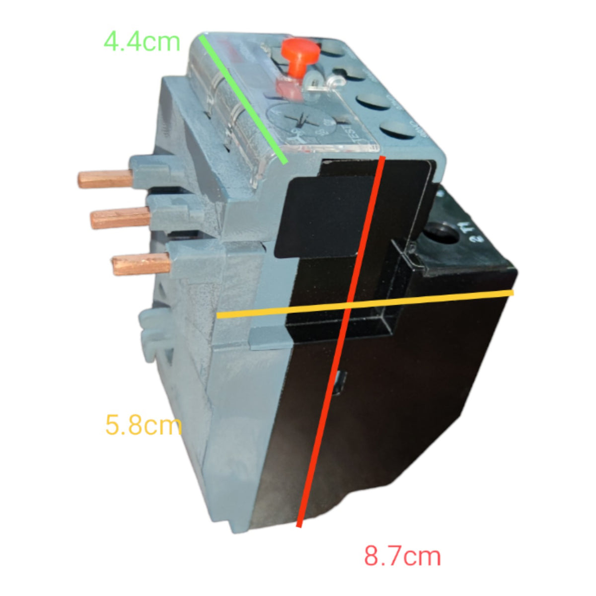 A gray and black electrical contactor or relay component on a white background with colored measurement lines and text labels showing dimensions 4.4cm, 5.