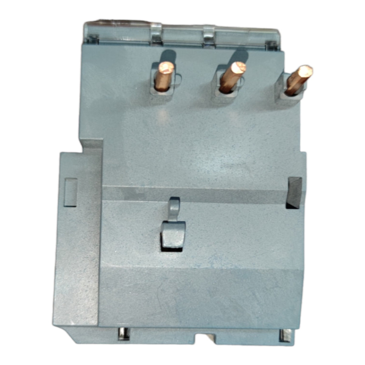 A silver metal electrical component or terminal block with three copper-colored pins on top, shown against a plain white background.