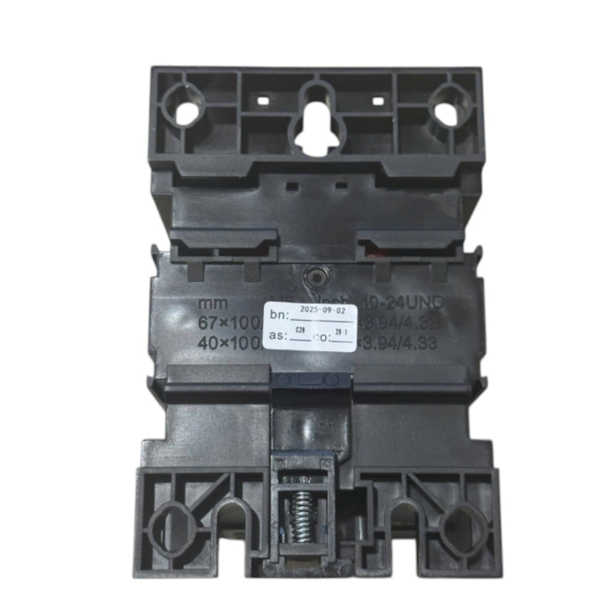 A black plastic electrical contactor or relay component with printed specifications and a white label sticker, isolated on a white background.