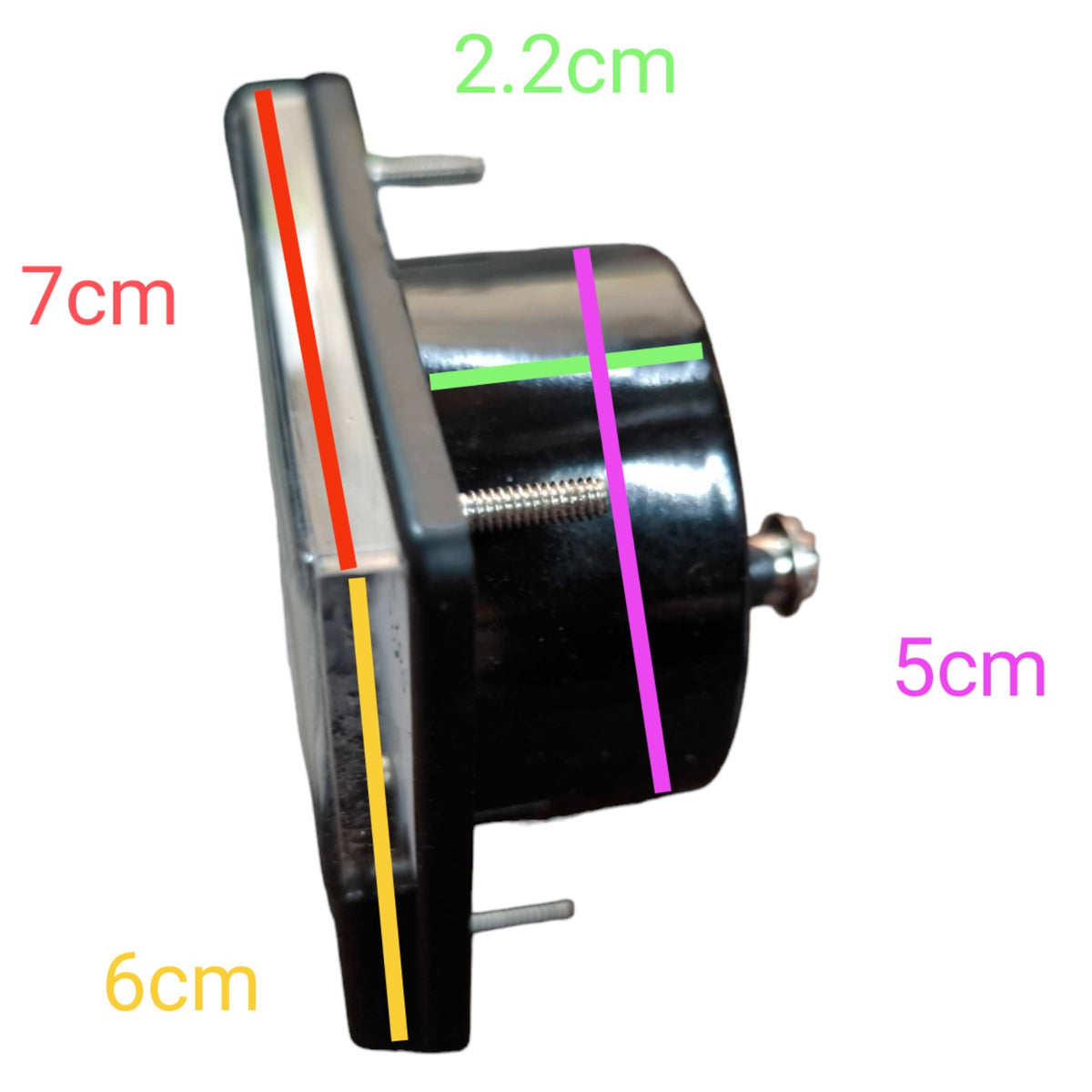 A black cylindrical mechanical part with a metal mounting plate, shown on a white background with colored measurement lines and labels indicating dimensions 7cm, 2.2cm, 5cm, and 6cm.
