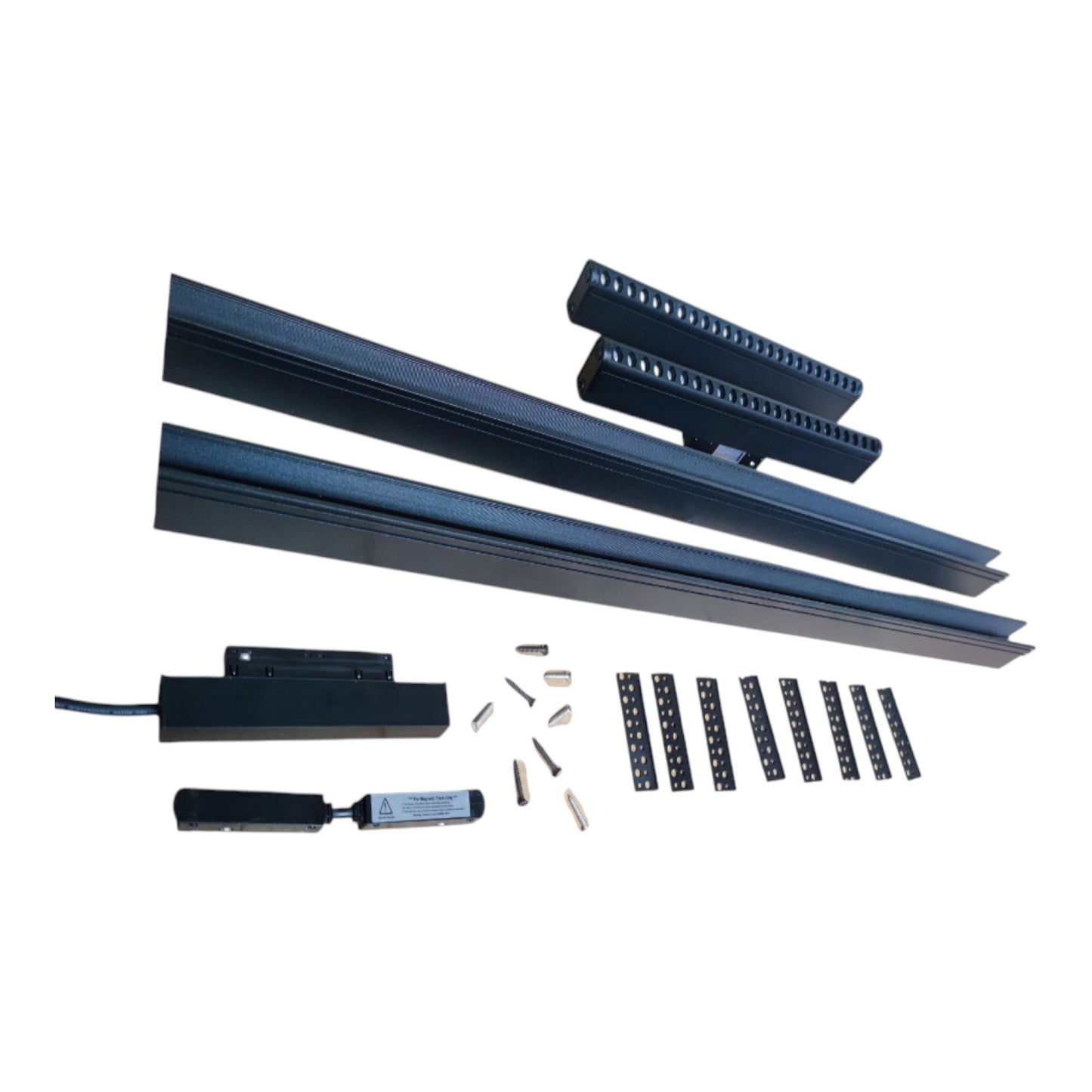 A set of black metal track or rail components with mounting hardware, shown laid out on a plain white background.