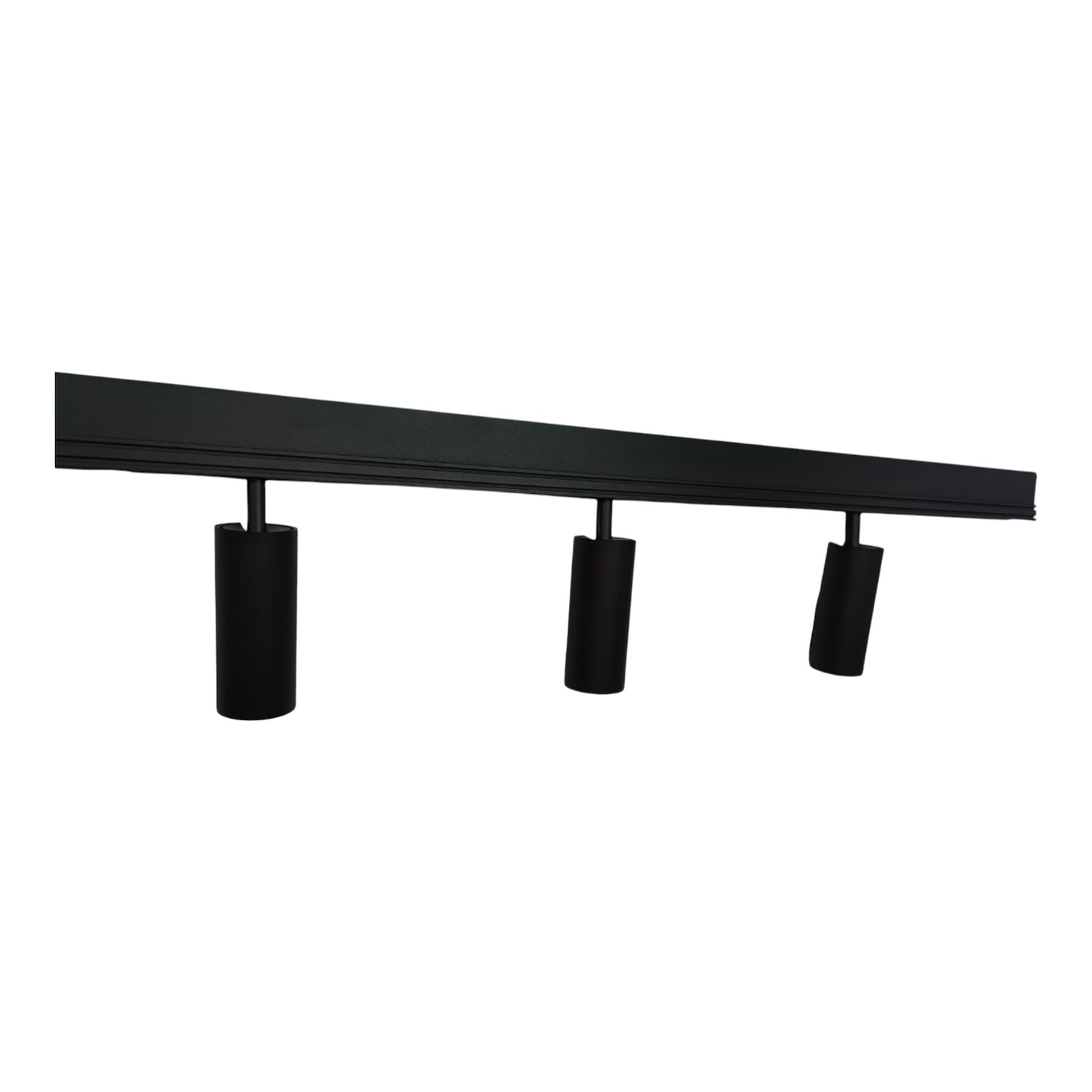 A modern black linear ceiling track light fixture with three adjustable cylindrical spotlight heads, shown against a plain white background.