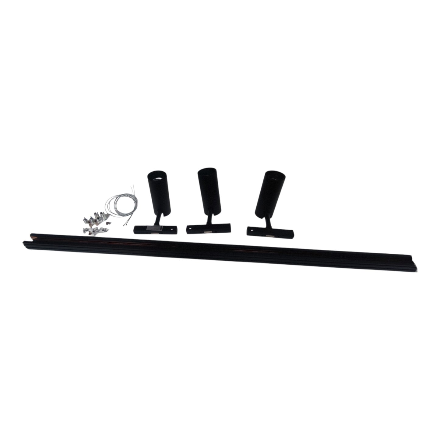 Black linear LED track lighting kit with three adjustable spotlight heads, a long mounting rail, and mounting hardware, shown on a plain white background.