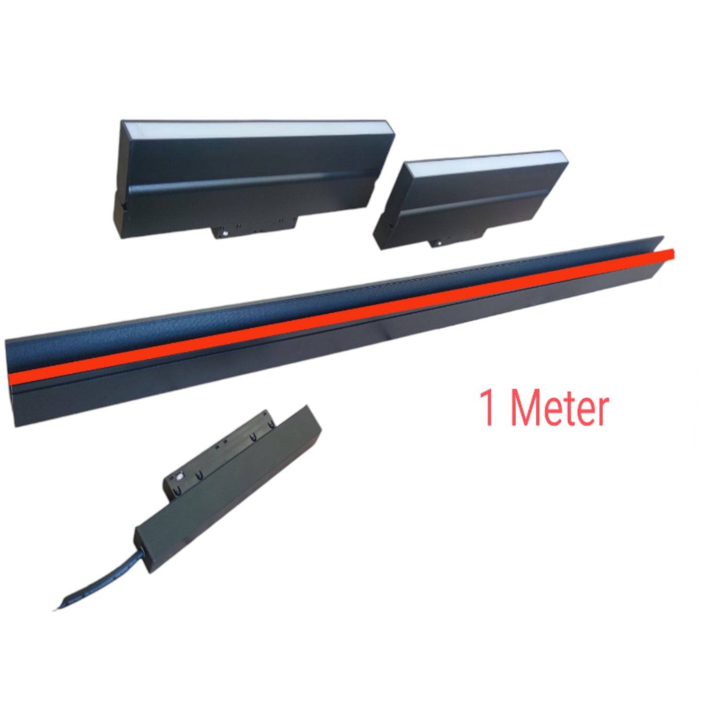A 1-meter black metal cable tray with a prominent red protective inner strip, shown in multiple views including a close-up of the cross-section and an inset of the mounting bracket with wire connector. Red text on the right reads '1 Meter'.