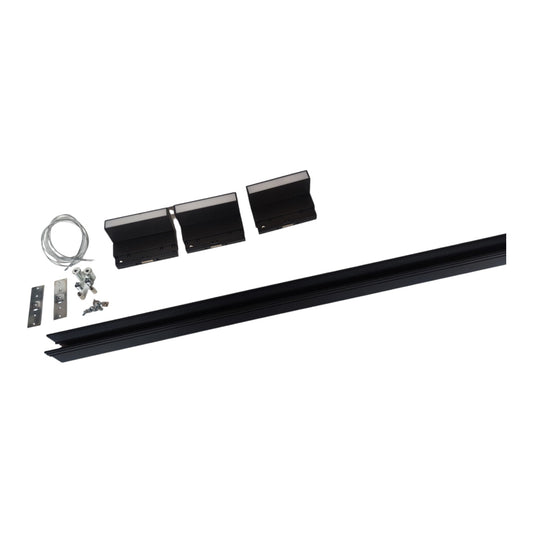 Black metal track or channel kit with three black mounting brackets, two silver metal plates, a coil of wire, and small hardware, arranged on a plain white background.