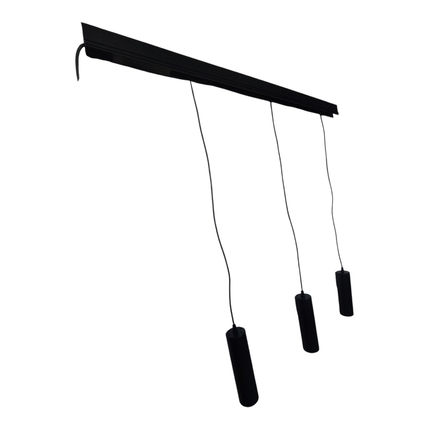 A modern black linear ceiling light fixture with three hanging cylindrical pendant shades, shown against a plain white background.
