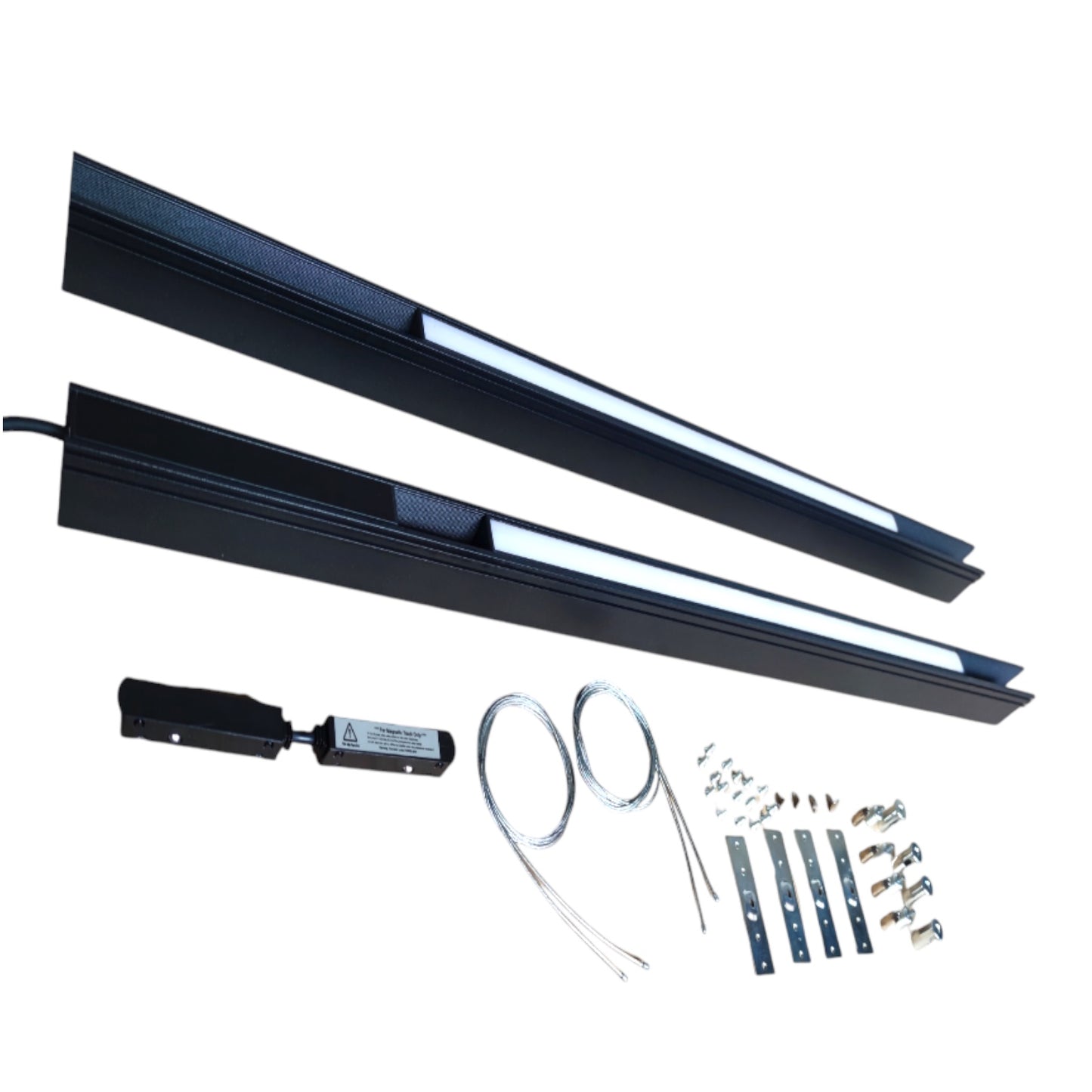 A pair of long black linear LED light bars with integrated white light panels, shown alongside mounting brackets, screws, and a small electronic control module on a plain white background.
