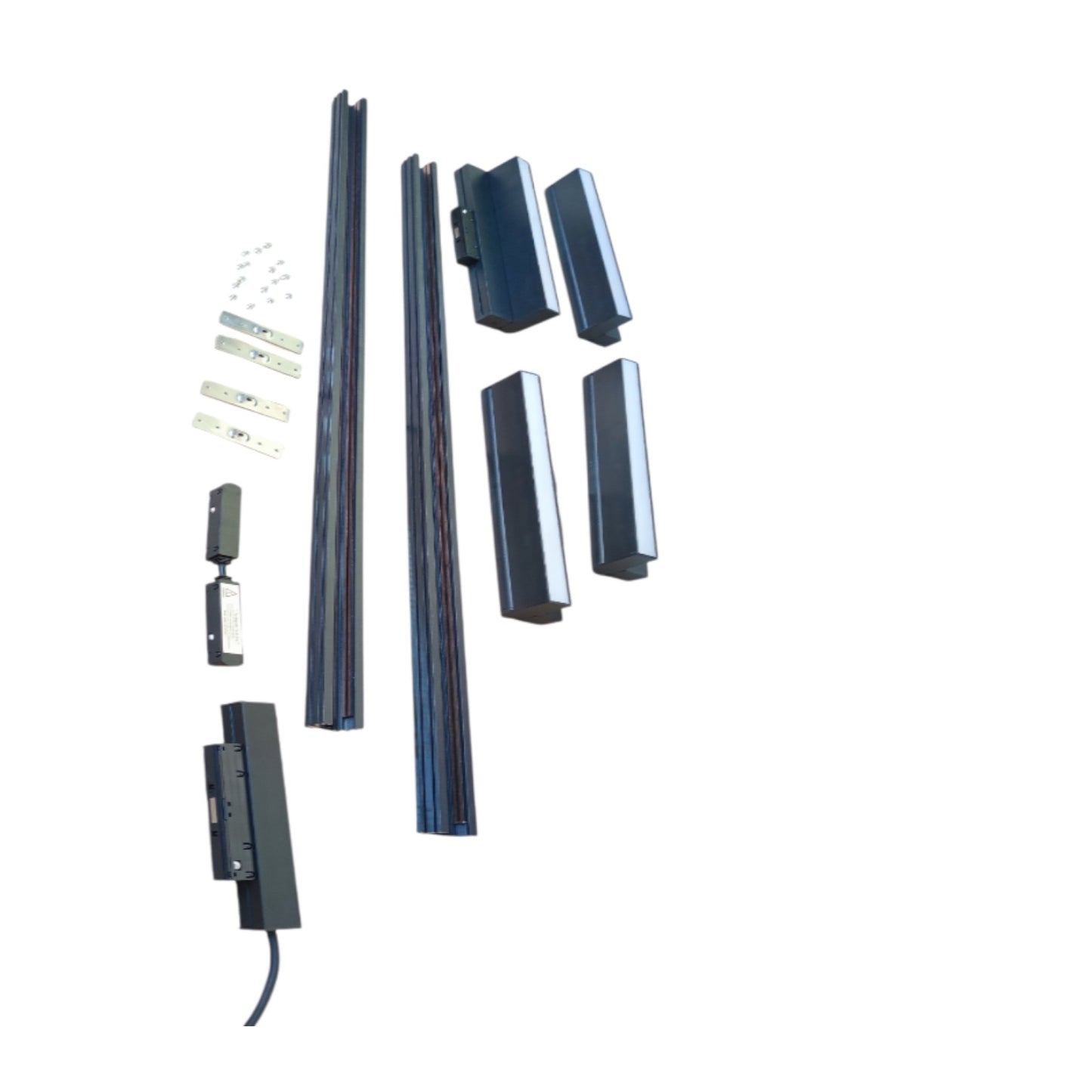 A set of dark gray metal track or guide components with mounting hardware, arranged on a plain white background.
